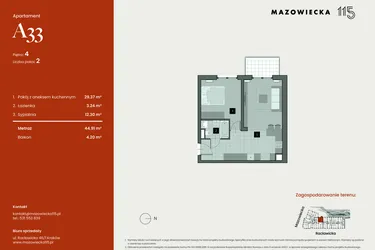 Rzut - Mieszkanie na sprzedaż 2 pokoje o powierzchni 44,91 m² - numer A33 w Mazowiecka 115