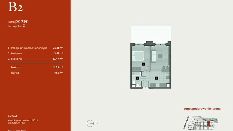 Rzut - Mieszkanie na sprzedaż 2 pokoje o powierzchni 41,39 m² - numer B2 w Mazowiecka 115