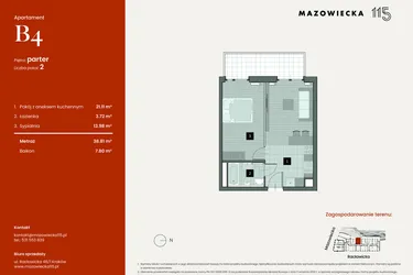Rzut - Mieszkanie na sprzedaż 2 pokoje o powierzchni 38,81 m² - numer B4 w Mazowiecka 115