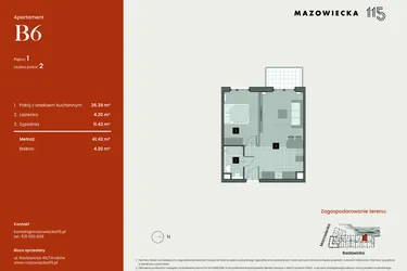 Rzut - Mieszkanie na sprzedaż 2 pokoje o powierzchni 41,42 m² - numer B6 w Mazowiecka 115