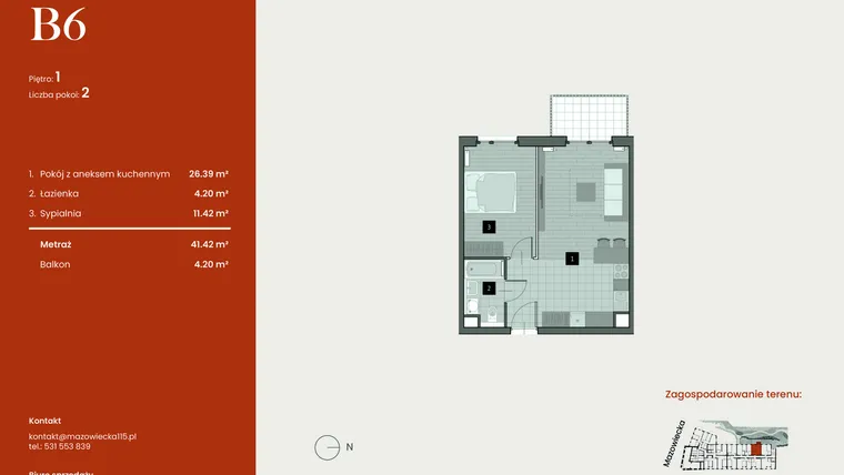 Rzut - Mieszkanie na sprzedaż 2 pokoje o powierzchni 41,42 m² - numer B6 w Mazowiecka 115
