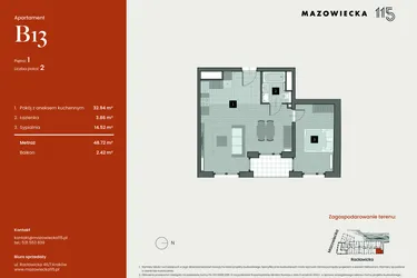 Rzut - Mieszkanie na sprzedaż 2 pokoje o powierzchni 48,72 m² - numer B13 w Mazowiecka 115