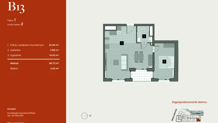 Rzut - Mieszkanie na sprzedaż 2 pokoje o powierzchni 48,72 m² - numer B13 w Mazowiecka 115