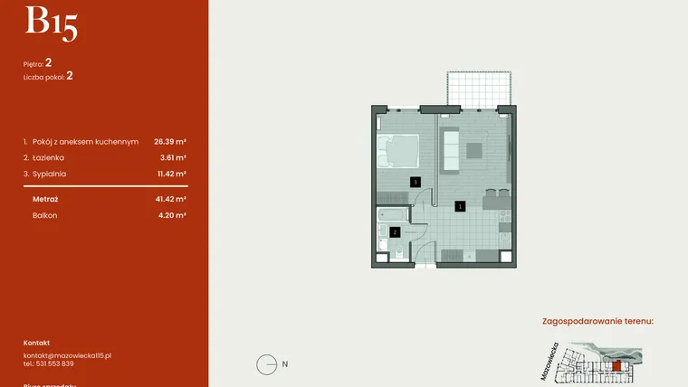 Rzut - Mieszkanie na sprzedaż 2 pokoje o powierzchni 41,42 m² - numer B15 w Mazowiecka 115