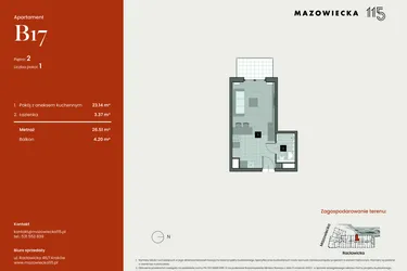 Rzut - Mieszkanie na sprzedaż 1 pokój o powierzchni 26,51 m² - numer B17 w Mazowiecka 115
