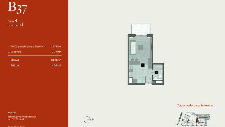Rzut - Mieszkanie na sprzedaż 1 pokój o powierzchni 26,51 m² - numer B37 w Mazowiecka 115