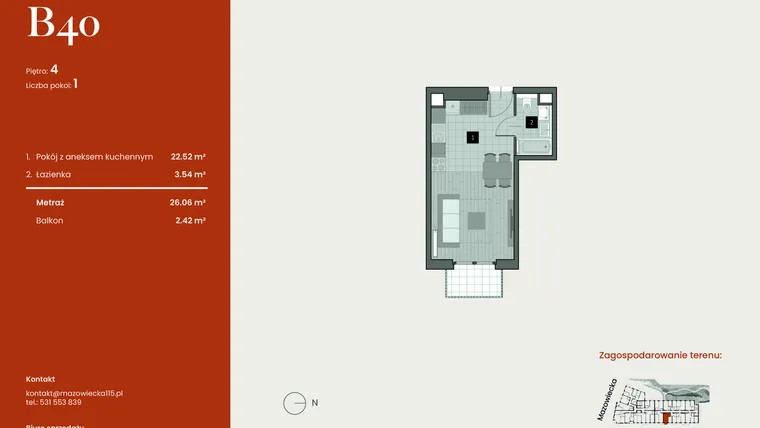 Rzut - Mieszkanie na sprzedaż 1 pokój o powierzchni 26,06 m² - numer B40 w Mazowiecka 115
