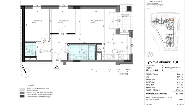 Rzut - Mieszkanie na sprzedaż 3 pokoje o powierzchni 59,1 m² - numer 82 w Przystanek Targówek
