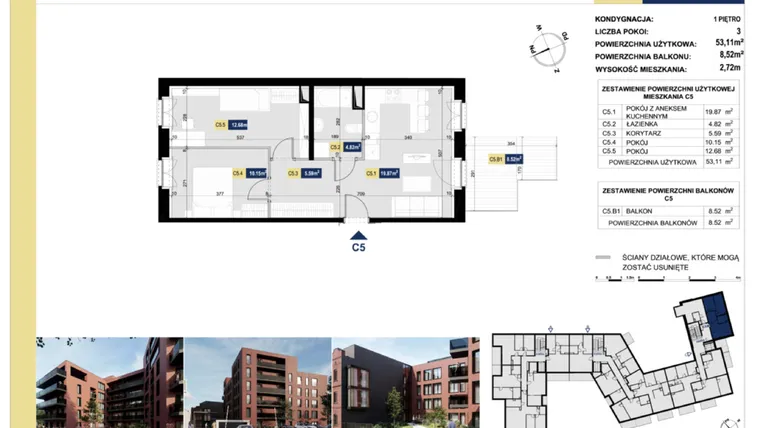 Rzut - Mieszkanie na sprzedaż 3 pokoje o powierzchni 52,98 m² - numer C5 w Apartamenty Złota