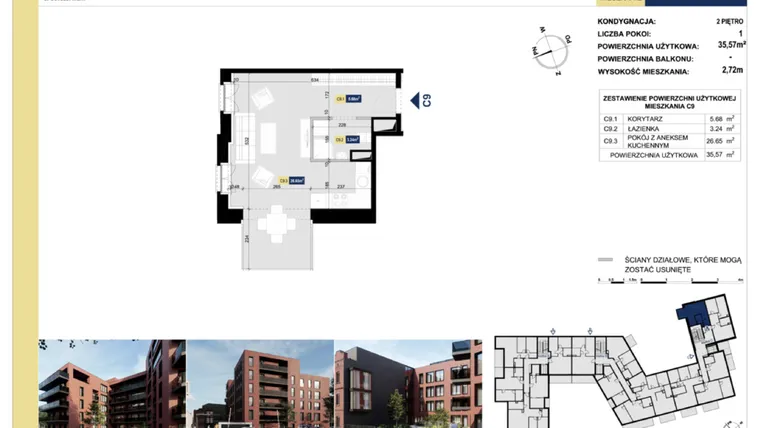 Rzut - Mieszkanie na sprzedaż 1 pokój o powierzchni 35,68 m² - numer C9 w Apartamenty Złota