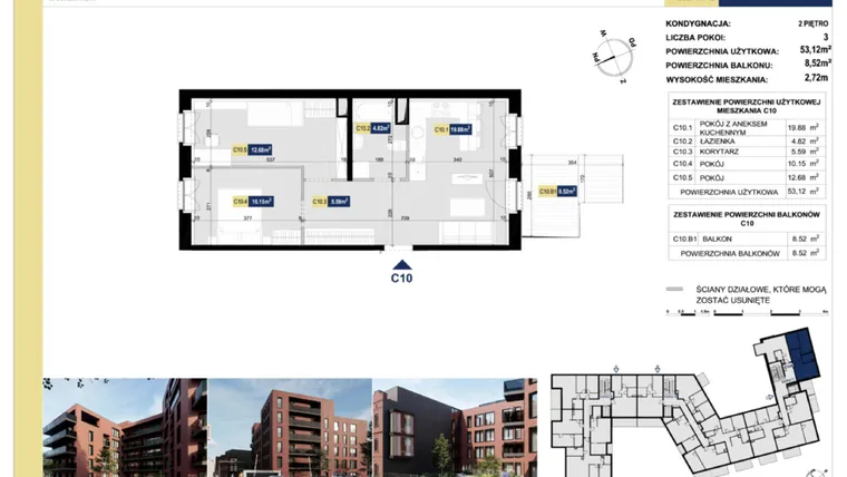 Rzut - Mieszkanie na sprzedaż 3 pokoje o powierzchni 52,85 m² - numer C10 w Apartamenty Złota