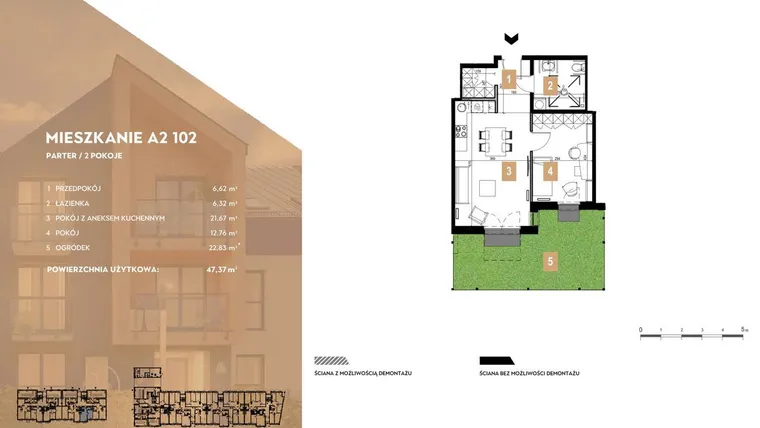 Rzut - Mieszkanie na sprzedaż 2 pokoje o powierzchni 47,37 m² - numer A2.102 w MOTTO Wojnów
