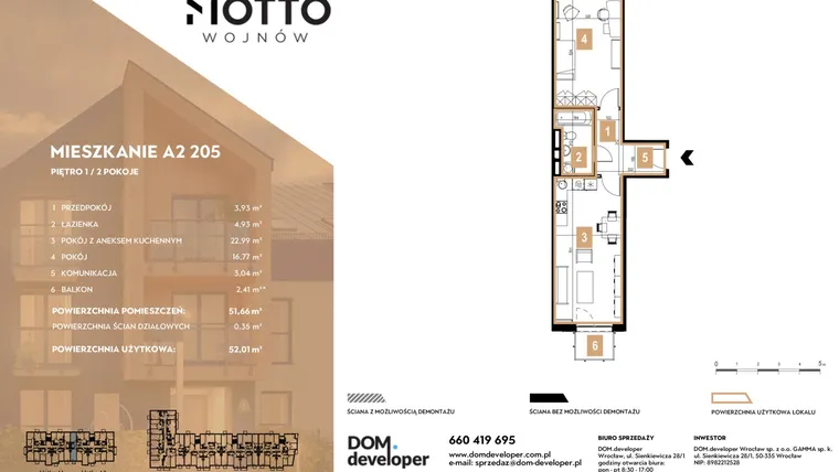 Rzut - Mieszkanie na sprzedaż 2 pokoje o powierzchni 51,66 m² - numer A2.205 w MOTTO Wojnów