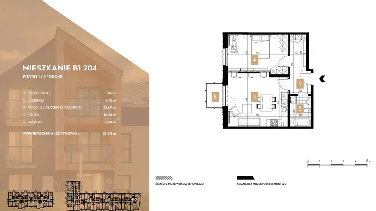 Rzut - Mieszkanie na sprzedaż 2 pokoje o powierzchni 51,73 m² - numer B1.204 w MOTTO Wojnów