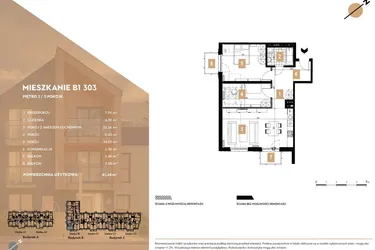 Rzut - Mieszkanie na sprzedaż 3 pokoje o powierzchni 61,48 m² - numer B1.303 w MOTTO Wojnów