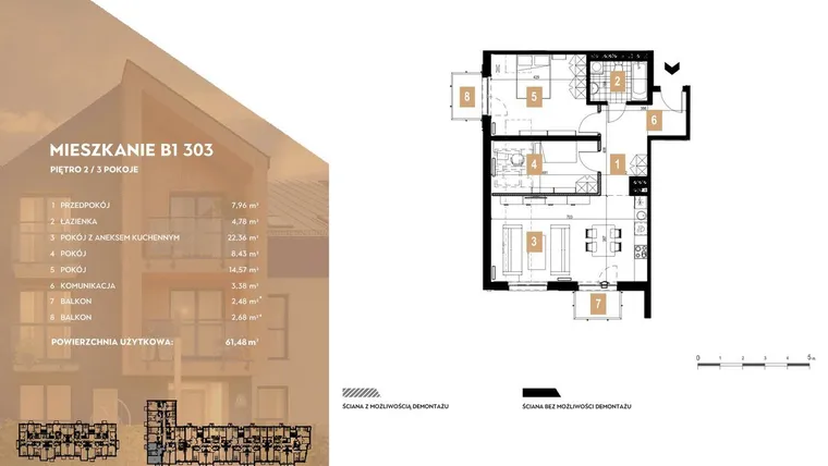 Rzut - Mieszkanie na sprzedaż 3 pokoje o powierzchni 61,48 m² - numer B1.303 w MOTTO Wojnów