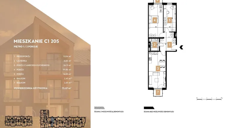 Rzut - Mieszkanie na sprzedaż 3 pokoje o powierzchni 75,87 m² - numer C1.205 w MOTTO Wojnów