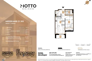 Rzut - Mieszkanie na sprzedaż 2 pokoje o powierzchni 43,46 m² - numer C1.303 w MOTTO Wojnów
