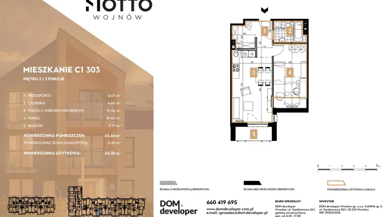 Rzut - Mieszkanie na sprzedaż 2 pokoje o powierzchni 43,46 m² - numer C1.303 w MOTTO Wojnów