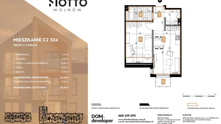 Rzut - Mieszkanie na sprzedaż 2 pokoje o powierzchni 46,33 m² - numer C2.304 w MOTTO Wojnów