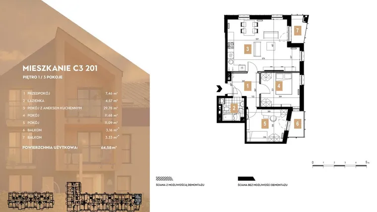 Rzut - Mieszkanie na sprzedaż 3 pokoje o powierzchni 64,58 m² - numer C3.201 w MOTTO Wojnów