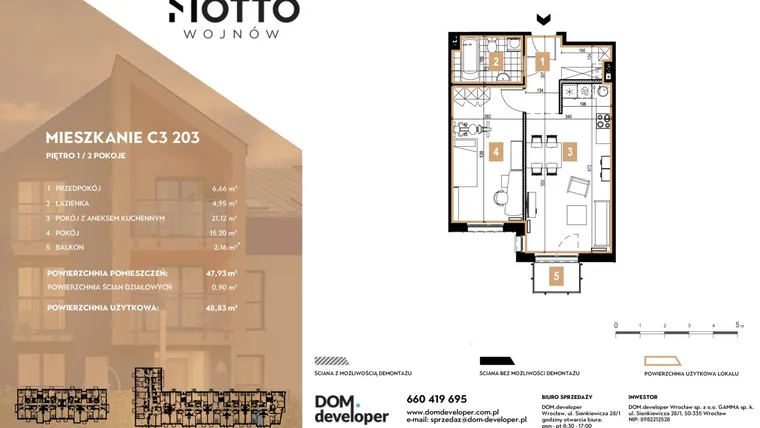 Rzut - Mieszkanie na sprzedaż 2 pokoje o powierzchni 47,93 m² - numer C3.203 w MOTTO Wojnów