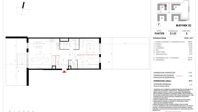 Rzut - Mieszkanie na sprzedaż 3 pokoje o powierzchni 92,85 m² - numer E.1.01 w CityFlow