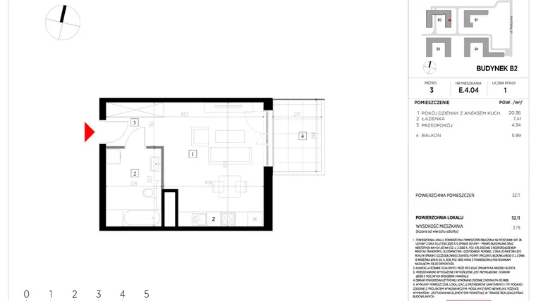 Rzut - Mieszkanie na sprzedaż 1 pokój o powierzchni 32,15 m² - numer E.4.04 w CityFlow