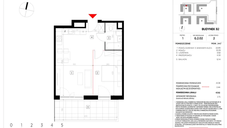 Rzut - Mieszkanie na sprzedaż 2 pokoje o powierzchni 43,82 m² - numer G.2.02 w CityFlow