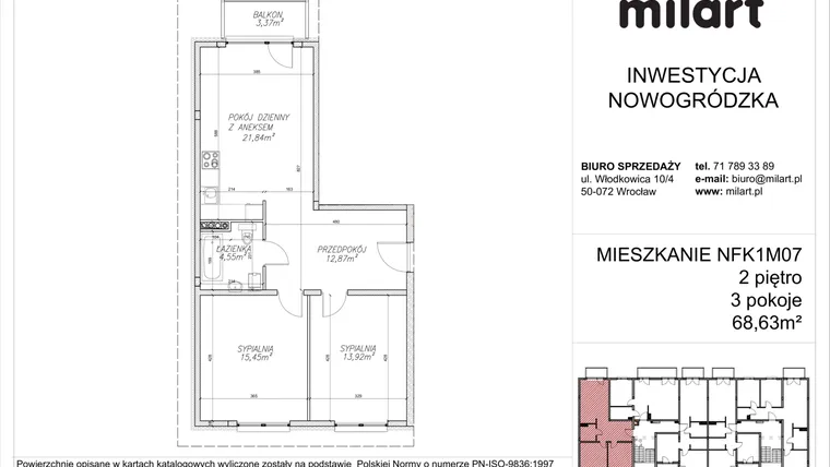 Rzut - Mieszkanie na sprzedaż 3 pokoje o powierzchni 68,63 m² - numer NFK1M07 w Nowogródzka