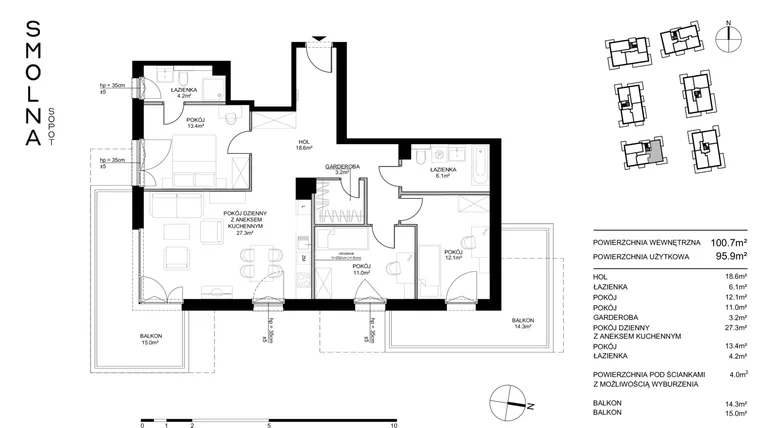 Rzut - Mieszkanie na sprzedaż 4 pokoje o powierzchni 95,49 m² - numer C121 w Smolna