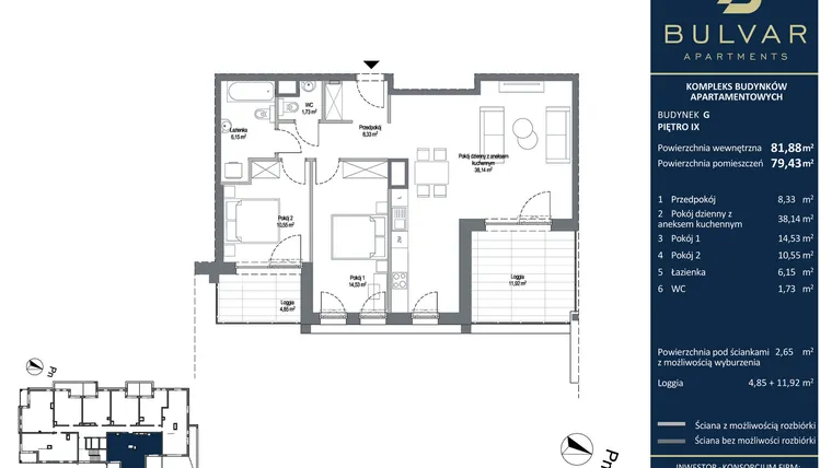 Rzut - Mieszkanie na sprzedaż 3 pokoje o powierzchni 81,81 m² - numer G.10.80 w Bulvar Apartments - etap I