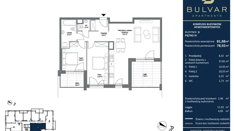 Rzut - Mieszkanie na sprzedaż 3 pokoje o powierzchni 81,67 m² - numer G.5.40 w Bulvar Apartments - etap I
