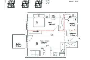 Rzut - Mieszkanie na sprzedaż 2 pokoje o powierzchni 44,13 m² - numer 20 w Łowicka 25