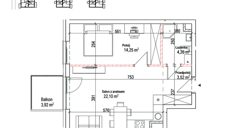 Rzut - Mieszkanie na sprzedaż 2 pokoje o powierzchni 44,13 m² - numer 20 w Łowicka 25