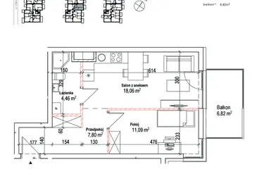 Rzut - Mieszkanie na sprzedaż 2 pokoje o powierzchni 41,41 m² - numer 21A w Łowicka 25