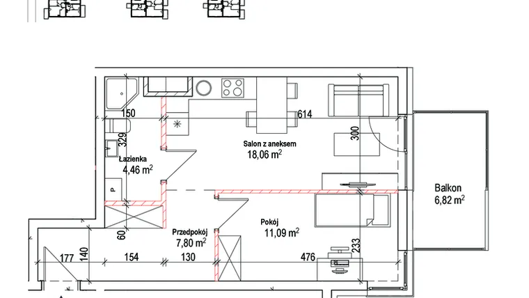 Rzut - Mieszkanie na sprzedaż 2 pokoje o powierzchni 41,41 m² - numer 21A w Łowicka 25