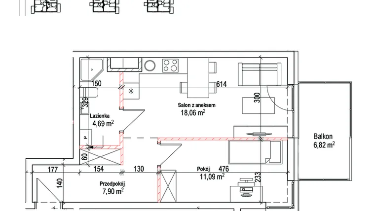 Rzut - Mieszkanie na sprzedaż 2 pokoje o powierzchni 41,74 m² - numer 22B w Łowicka 25