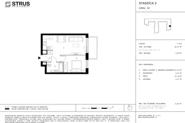 Rzut - Mieszkanie na sprzedaż 2 pokoje o powierzchni 39,06 m² - numer 1.A2 w Staszica 3