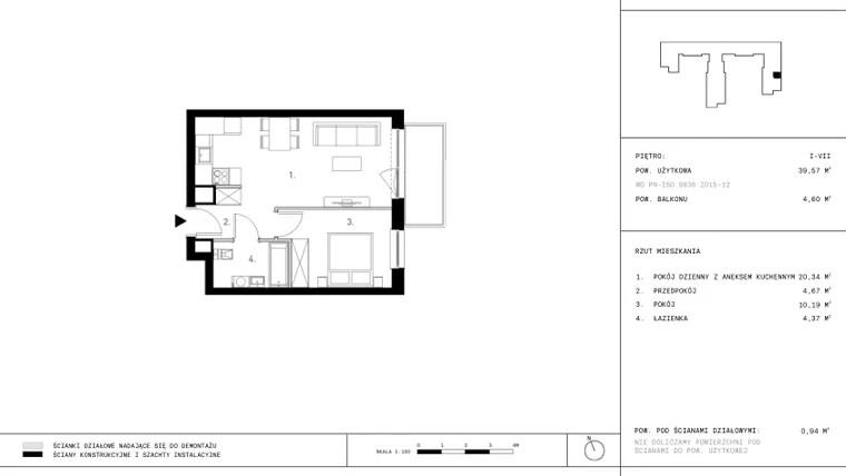Rzut - Mieszkanie na sprzedaż 2 pokoje o powierzchni 39,06 m² - numer 1.A2 w Staszica 3