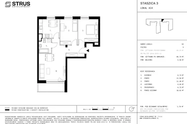 Rzut - Mieszkanie na sprzedaż 3 pokoje o powierzchni 66,74 m² - numer 5.A14 w Staszica 3