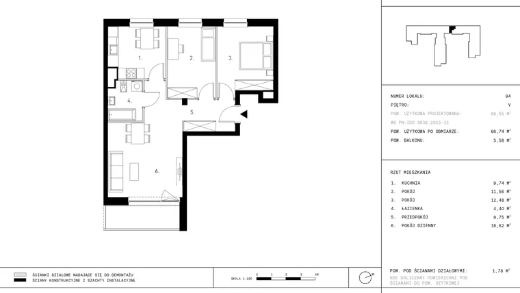Rzut - Mieszkanie na sprzedaż 3 pokoje o powierzchni 66,74 m² - numer 5.A14 w Staszica 3