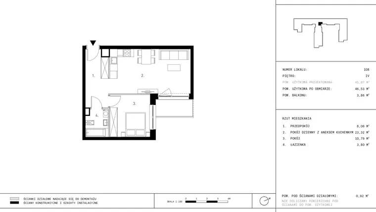 Rzut - Mieszkanie na sprzedaż 2 pokoje o powierzchni 46,53 m² - numer 4.A16 w Staszica 3