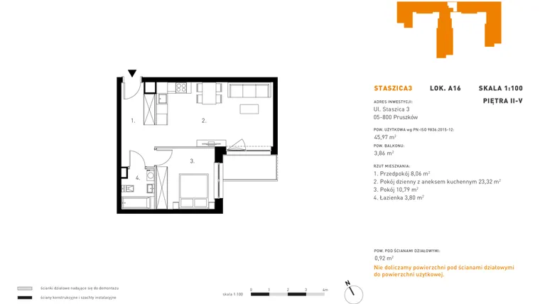 Rzut - Mieszkanie na sprzedaż 2 pokoje o powierzchni 45,97 m² - numer 5.A16 w Staszica 3