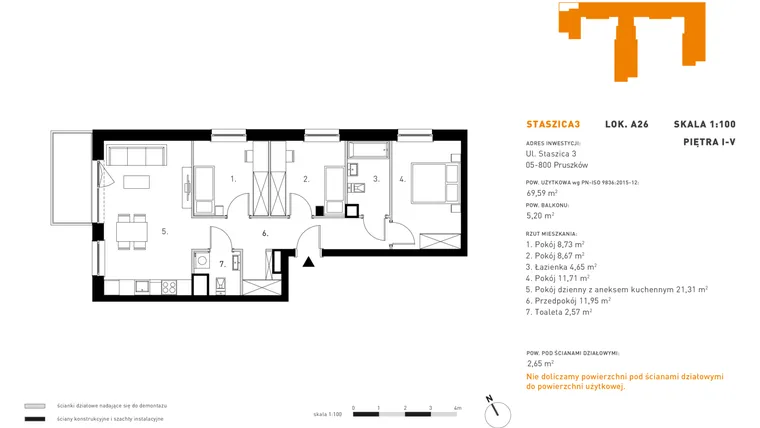 Rzut - Mieszkanie na sprzedaż 4 pokoje o powierzchni 69,8 m² - numer 5.A26 w Staszica 3