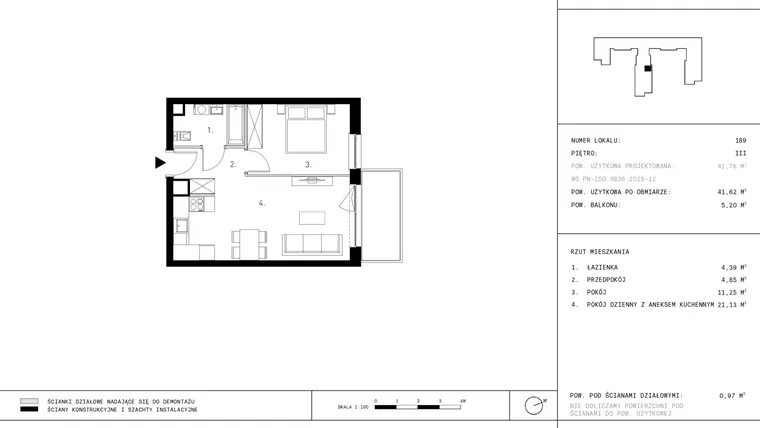 Rzut - Mieszkanie na sprzedaż 2 pokoje o powierzchni 41,62 m² - numer 3.A33 w Staszica 3