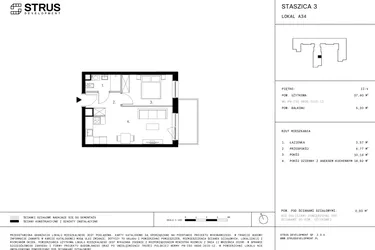 Rzut - Mieszkanie na sprzedaż 2 pokoje o powierzchni 37,55 m² - numer 5.A34 w Staszica 3