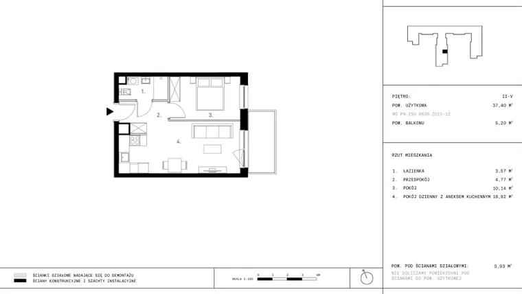 Rzut - Mieszkanie na sprzedaż 2 pokoje o powierzchni 37,55 m² - numer 5.A34 w Staszica 3