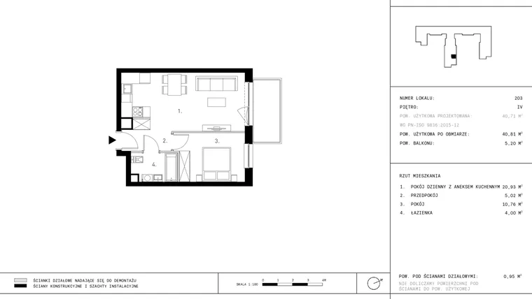 Rzut - Mieszkanie na sprzedaż 2 pokoje o powierzchni 40,81 m² - numer 4.A35 w Staszica 3