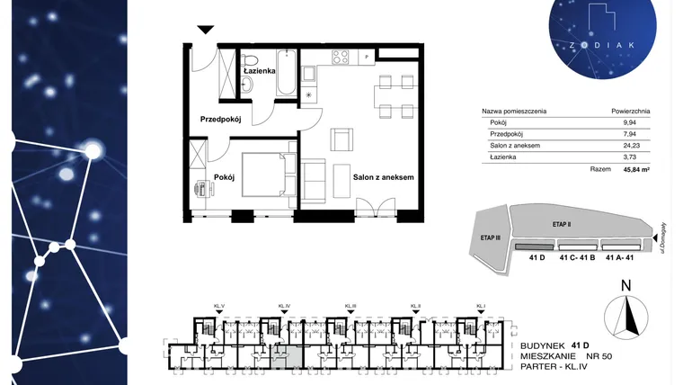 Rzut - Mieszkanie na sprzedaż 2 pokoje o powierzchni 45,84 m² - numer 41D/50 w Zodiak